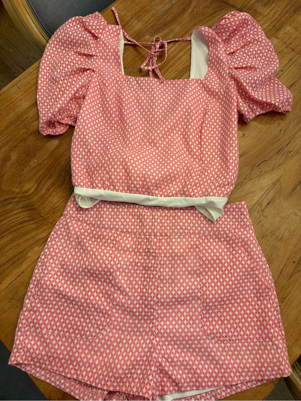 TCEC Pink Puff-Sleeve Two-Piece Dress Set with White Trim